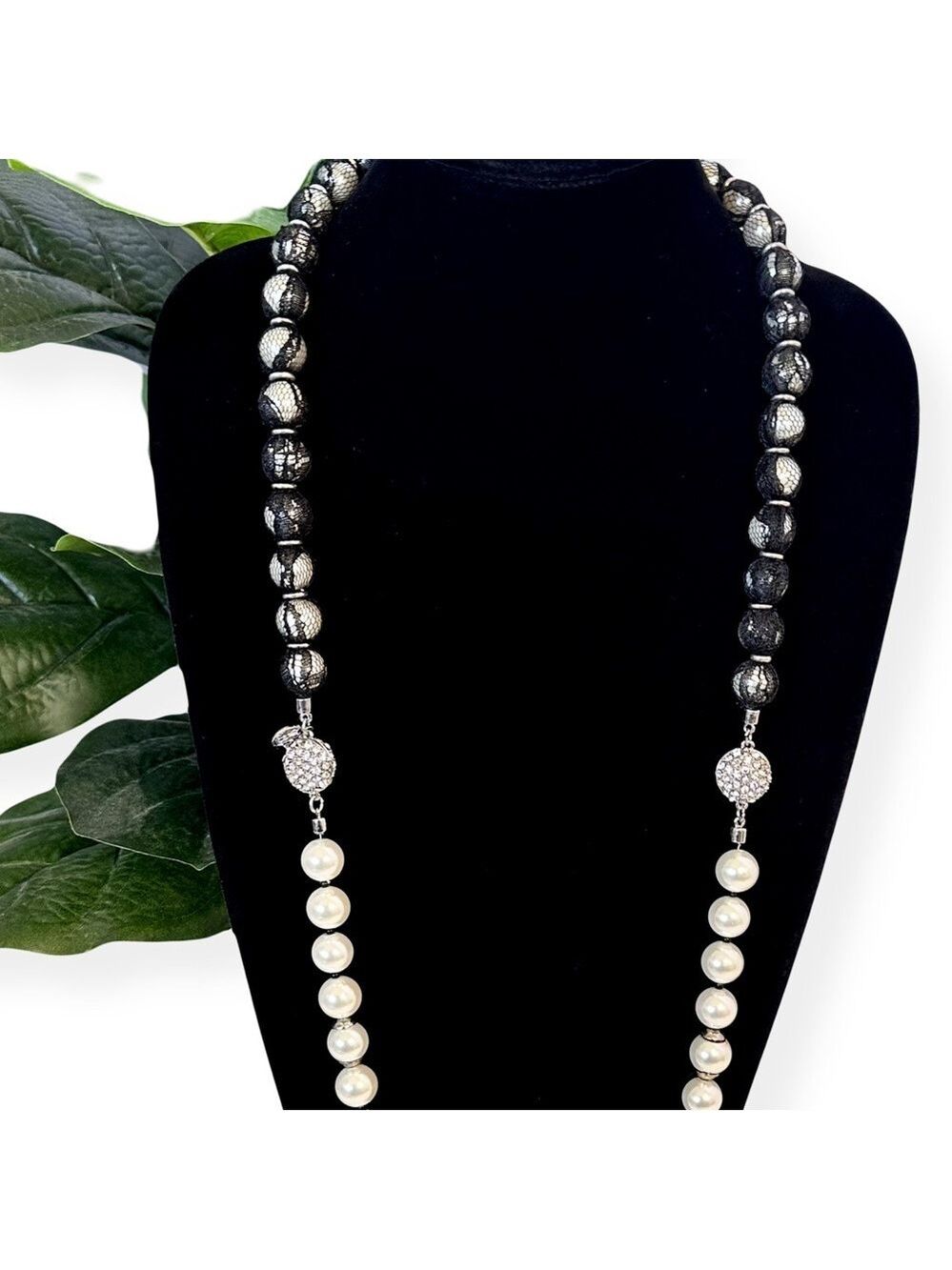 WHBM **2 necklaces in 1** Long Black Lace Wrapped Pearl Necklace - Picture 14 of 16